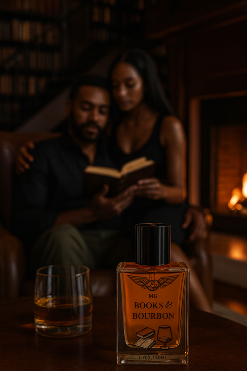 Couple reading a book together with a bottle of 'Books & Bourbon' and a glass on a table.