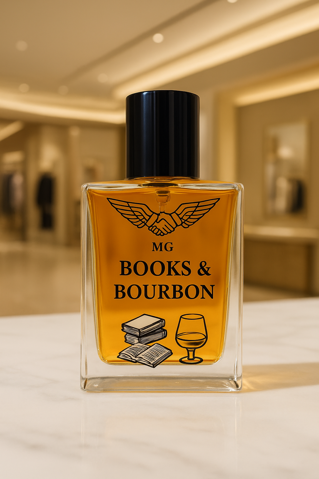 Fragrance bottle labeled 'MG Books & Bourbon' on a table with a blurred background