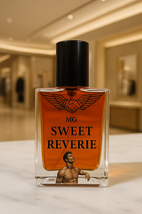 MG Sweet Reverie perfume bottle on a table with a blurred background