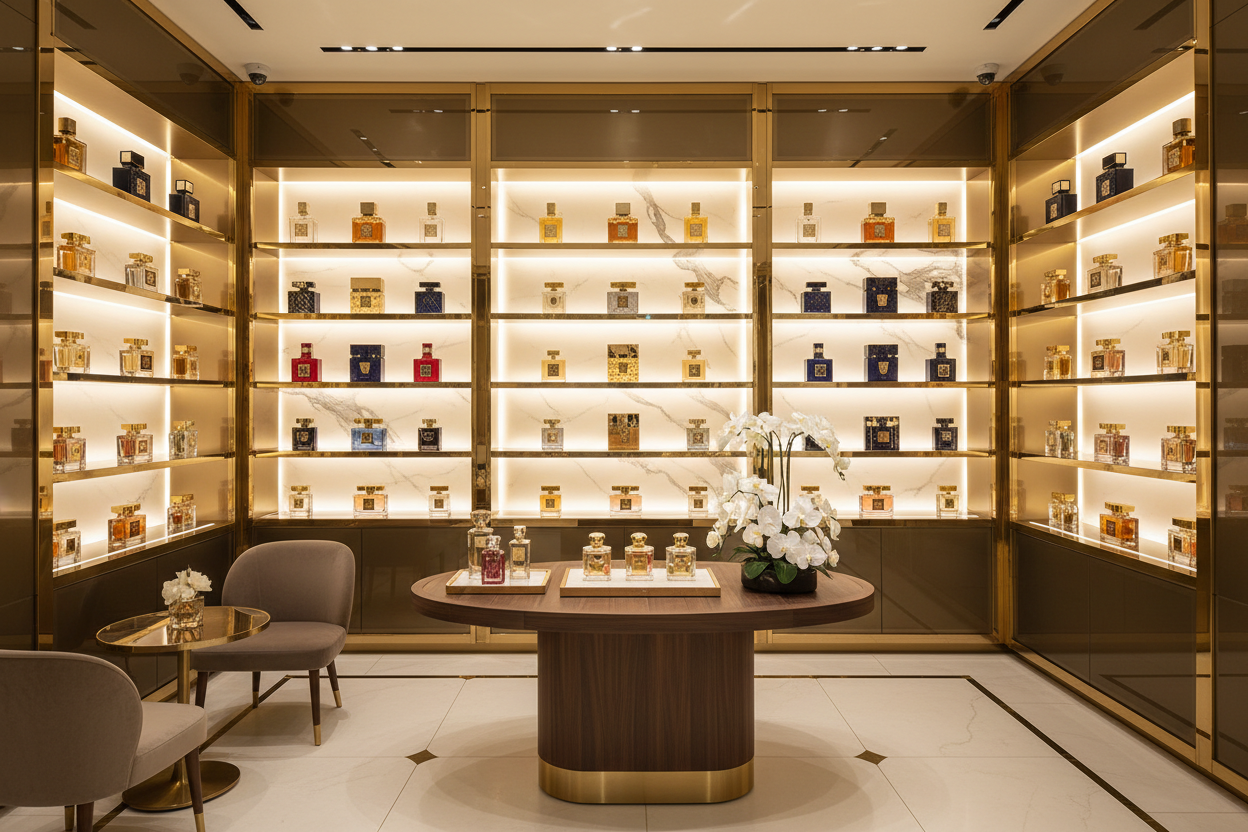A luxury store with a bunch of perfume bottles in the background